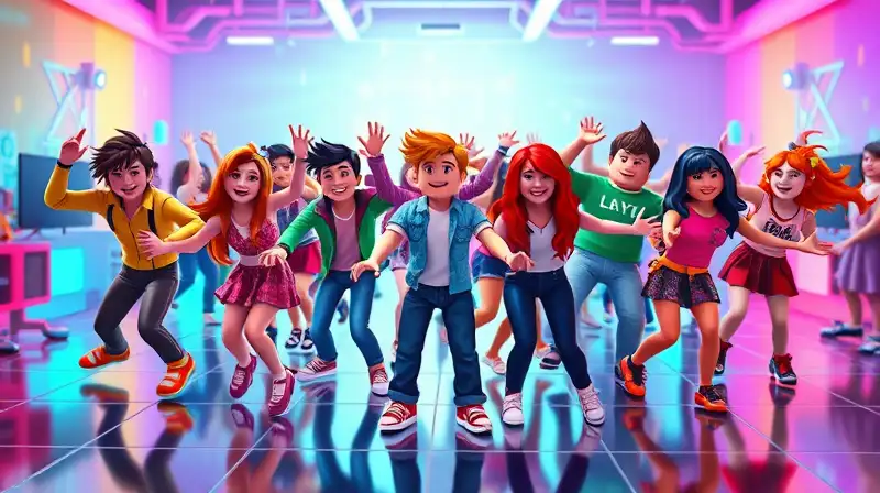 Avatares diversos bailan feliz en mundo virtual