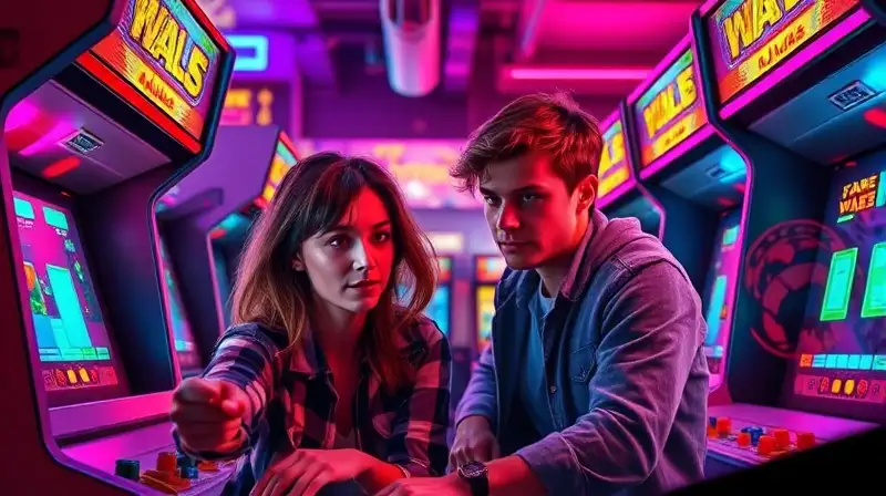 Dos amigos cooperan en arcade retro