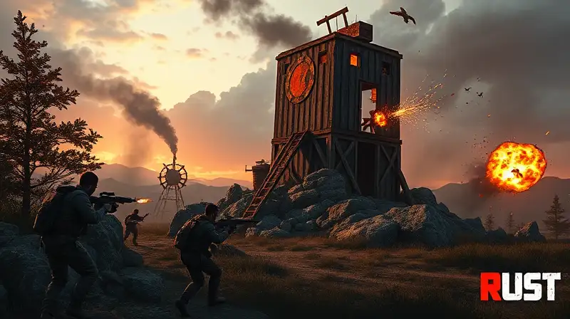 Juego Rust: torre atacada, batalla intensa PvP