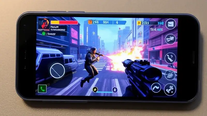 Pantalla móvil muestra juego shooter futurista