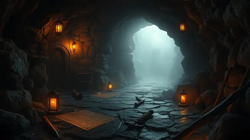 Entrada minera misteriosa con luces tenues