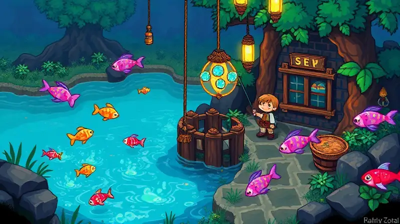 Personaje pesca en mágico entorno vibrante