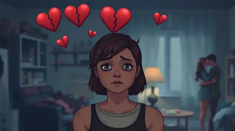 Personaje triste en habitación desordenada y oscura
