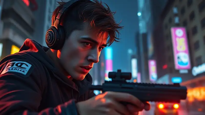 Gamer solo intenso en ciudad futurista vibrante