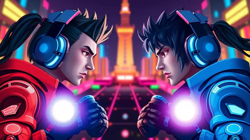 Dos gamers compiten en ciudad futurista vibrante