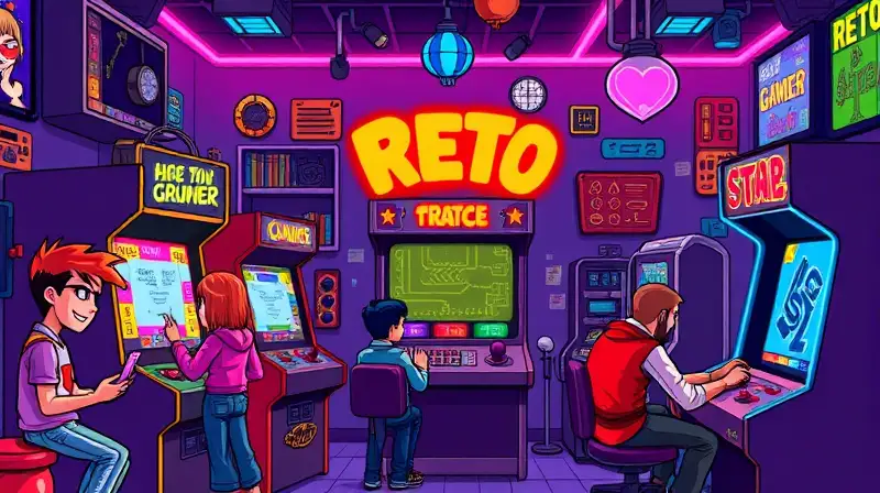Máquinas arcade retro con personajes vibrantes