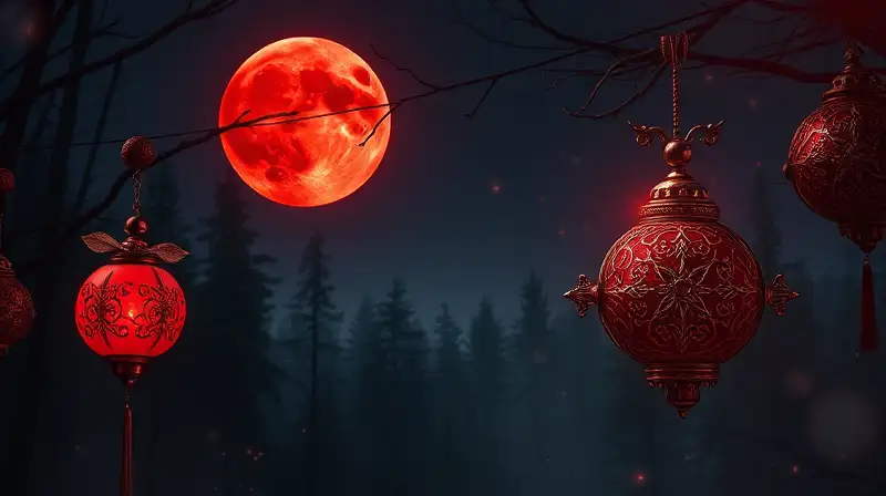 Luna roja mística brilla en bosque encantado
