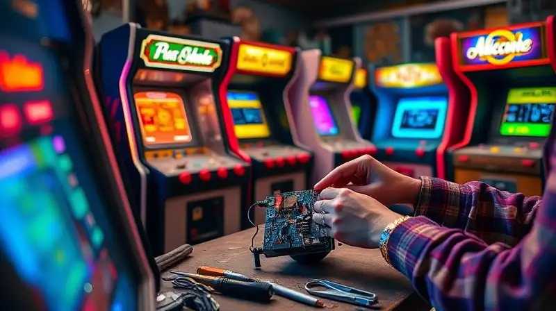 Máquinas arcade vintage reparadas con luces neón