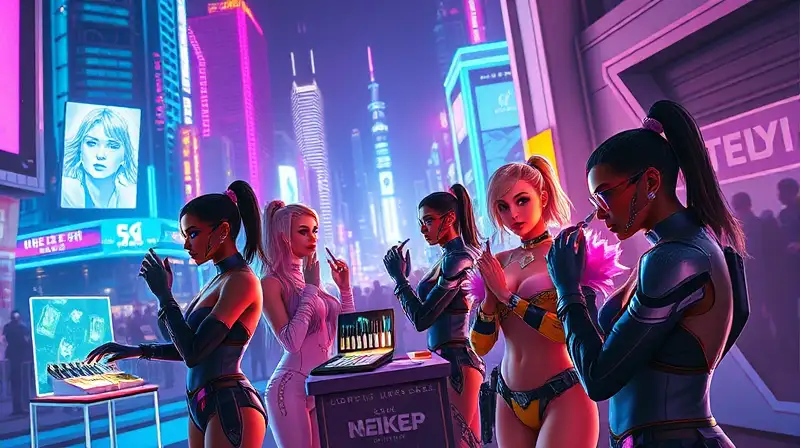 Ciudad futurista con luces neón y maquillaje