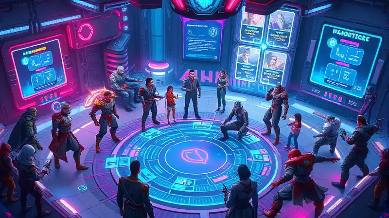 Arena futurista con guerreros y tecnología