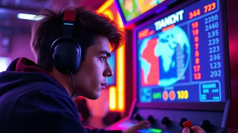 Gamer concentrado en juego arcade vibrante