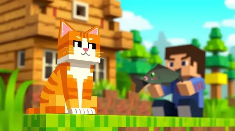 Gato de Minecraft junto a jugador y casa
