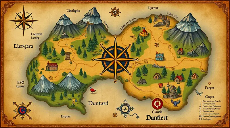 Mapa medieval fantástico detallado y colorido