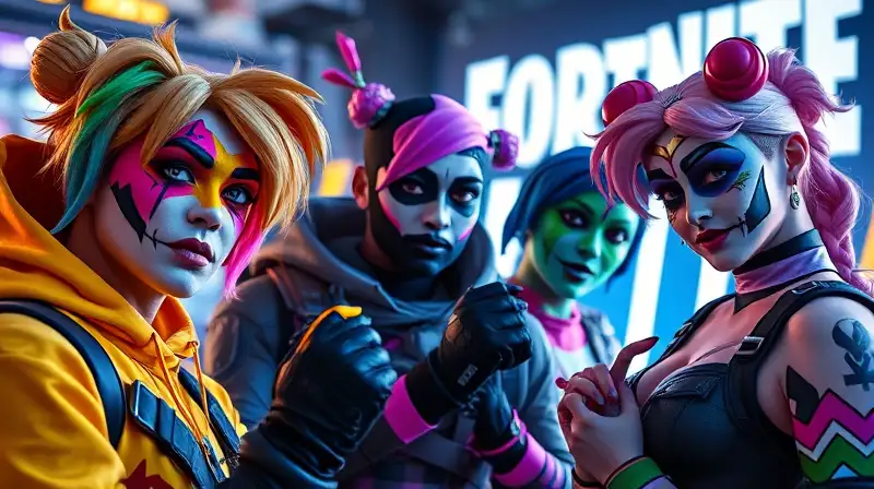 Cosplayers maquillados como personajes vibrantes de Fortnite