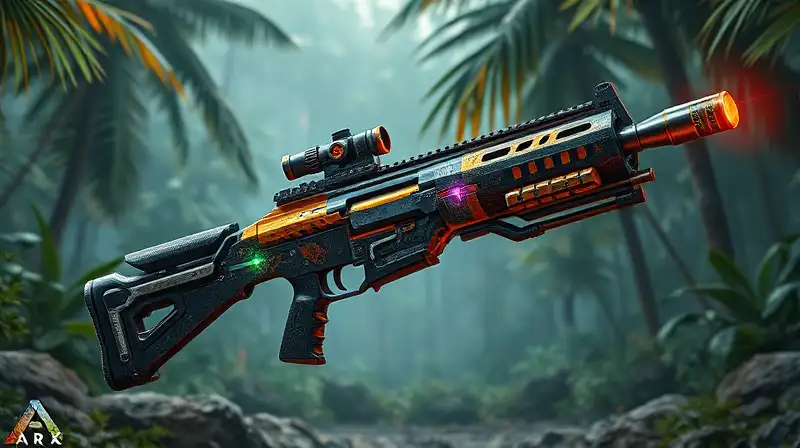 Arma híbrida futurista en jungla postapocalíptica