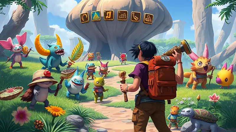 Paisaje fantástico con criaturas y herramientas flotantes