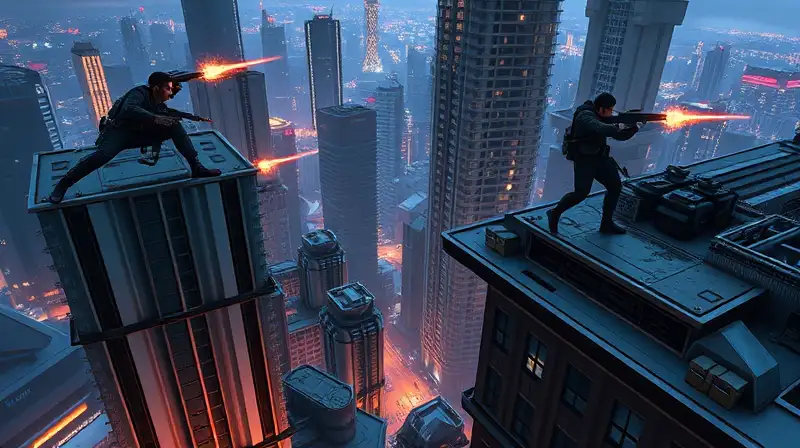 Batalla urbana futurista con rascacielos verticales