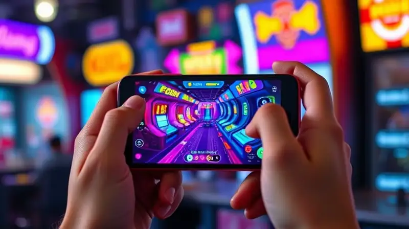 Smartphone y manos juegan juego arcade retro