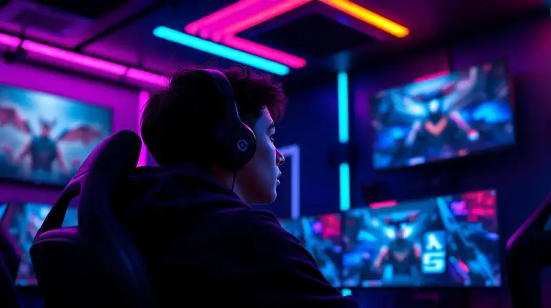 Setup futurista, luces RGB, jugador observando