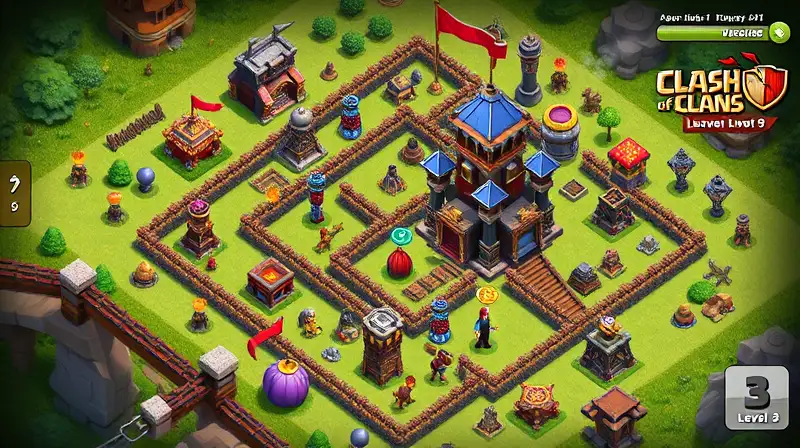 Base nivel 9 con torres defensivas animadas