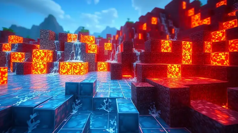 Bloques animados de agua y lava vibrantes