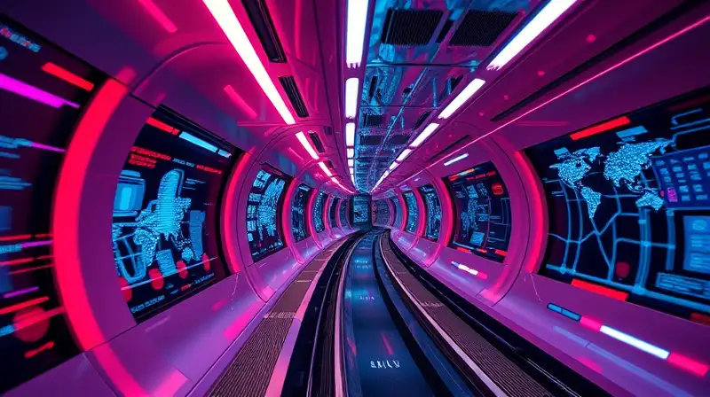 Tren futurista en túnel neón subterráneo