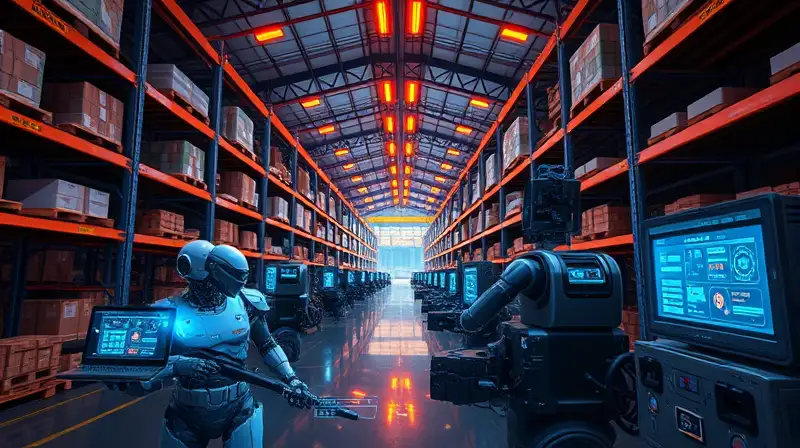 Almacén futurista con robots y hologramas