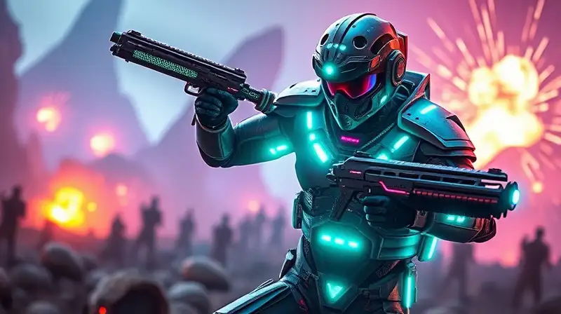Guerrero cibernético en batalla futurista neon