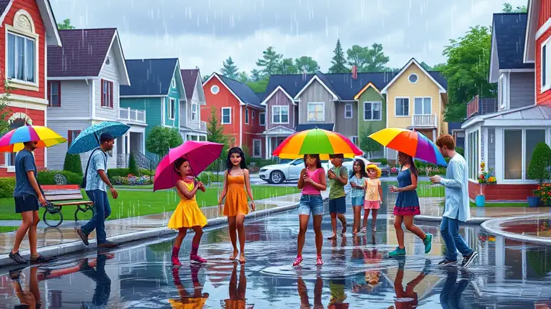 Sims juegan bajo lluvia en vecindario colorido