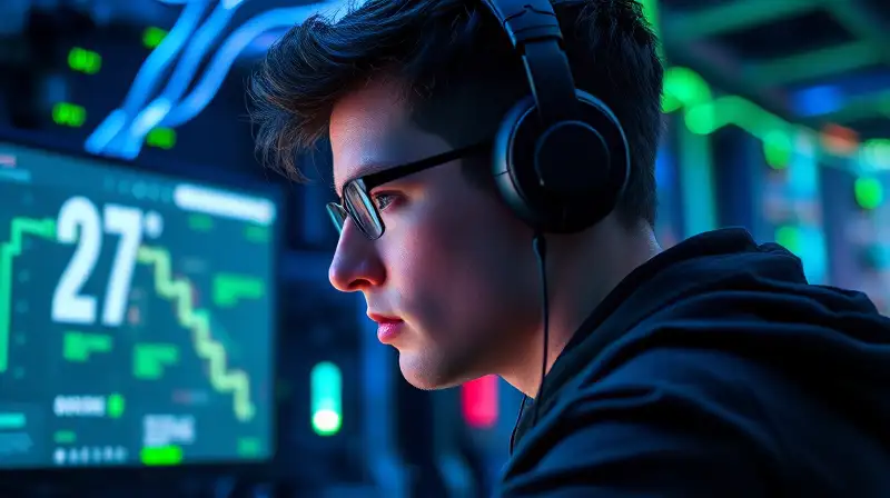 Gamer concentrado con tecnología y luces futuristas