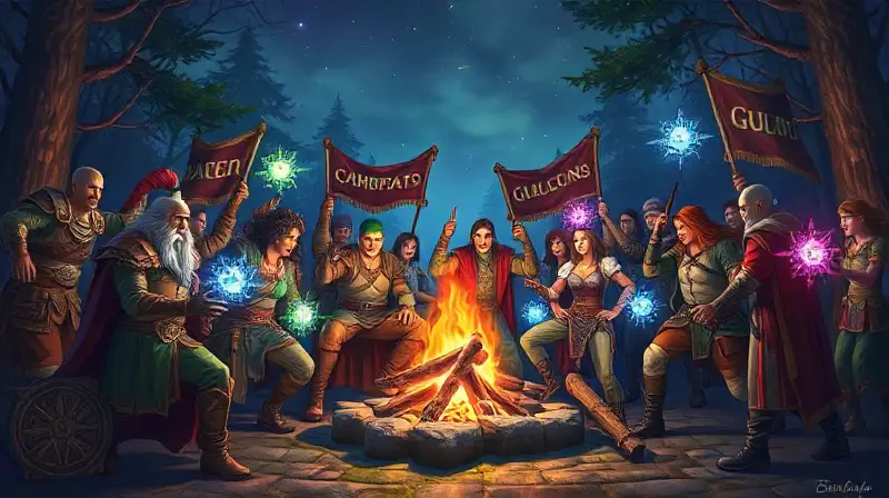 Miembros de guild celebran en bosque mágico