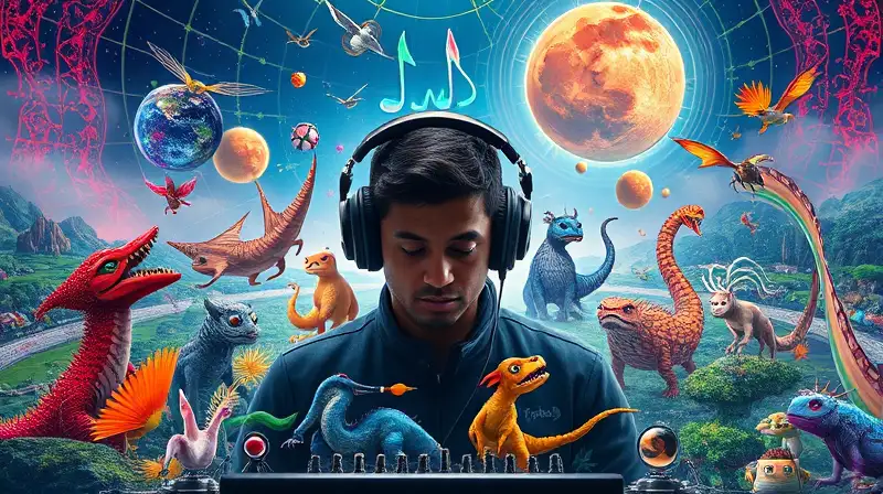Ingeniero de sonido futurista entre criaturas vibrantes