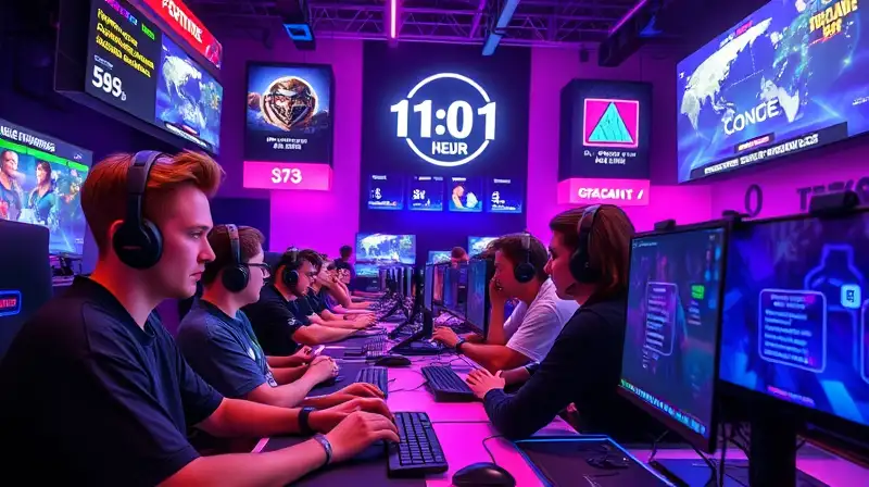 Jugadores intensos en vibrante arena futurista