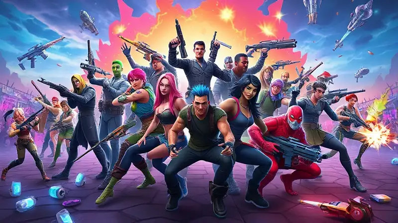 Personajes Fortnite vibrantes en batalla futurista