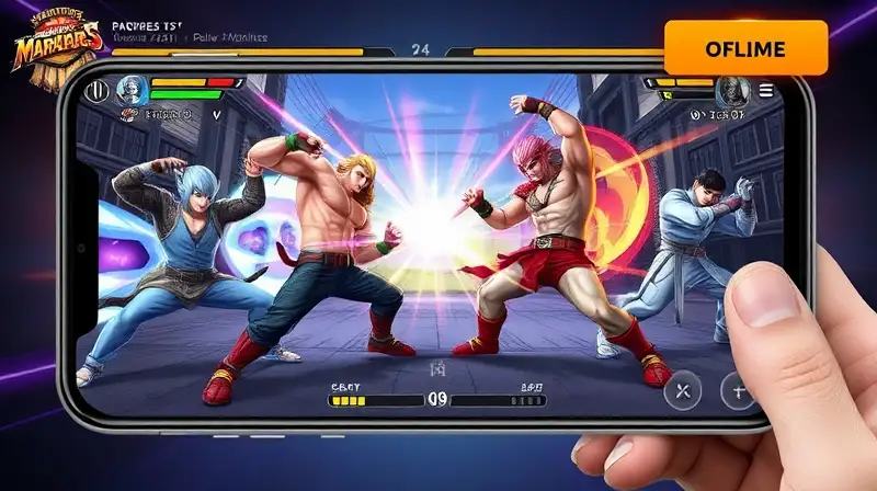 Personajes de lucha móvil en batalla vibrante