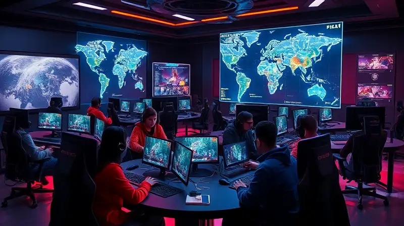Jugadores diversos planifican en sala futurista