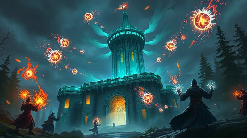 Torre mágica con magos en batalla mística