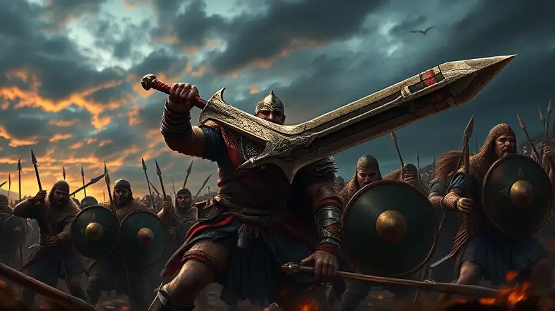 Rey bárbaro y guerreros defienden batalla antigua