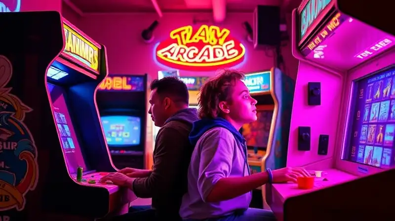 Dos amigos juegan en arcade retro juntos