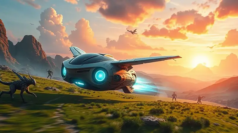 Vehículo híbrido futurista en mundo fantástico