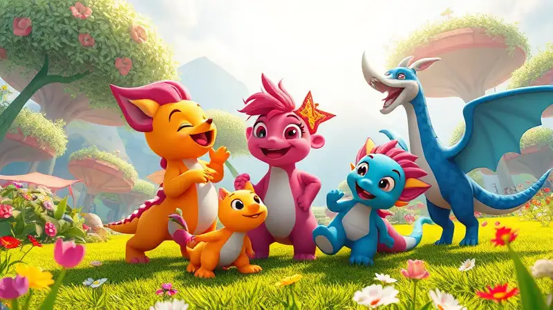Criaturas coloridas juegan juntas en fantasía