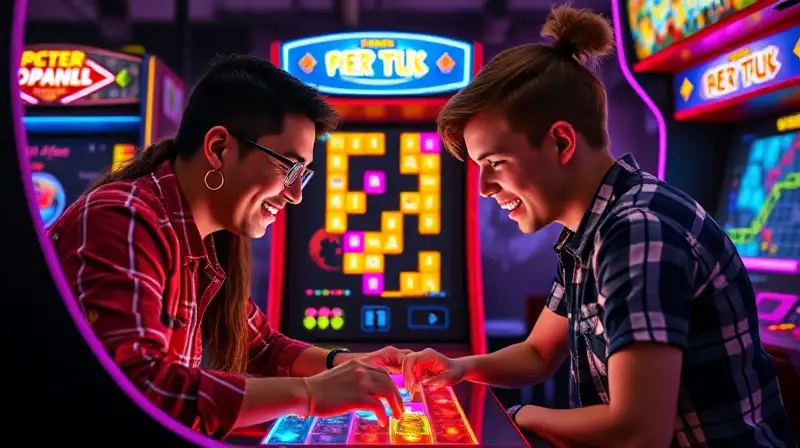 Dos jugadores colaboran en juego arcade retro