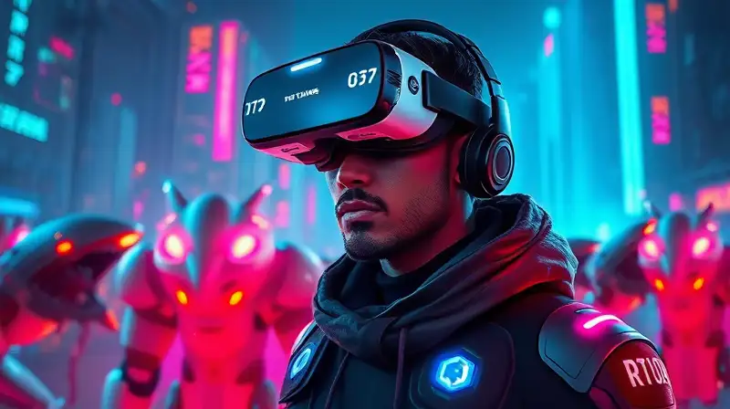 Gamer futurista con VR en ciudad distópica