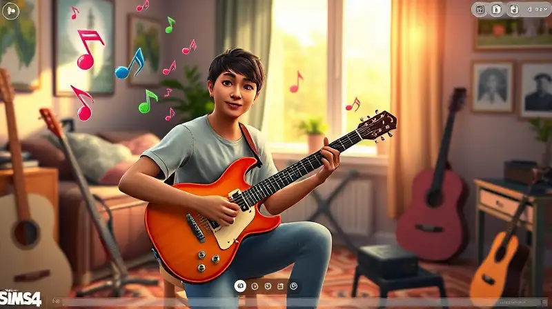 Personaje de Sims toca guitarra en habitación alegre