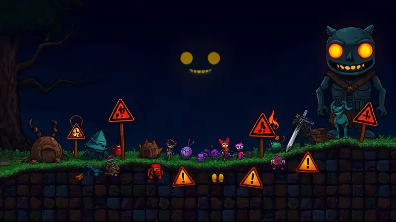 Escena pixelada oscura con juguetes y ojos