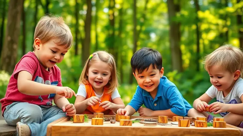 Niños jugando al aire libre en bosque