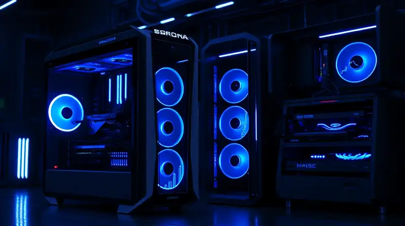 PC gaming y consolas futuristas con luces