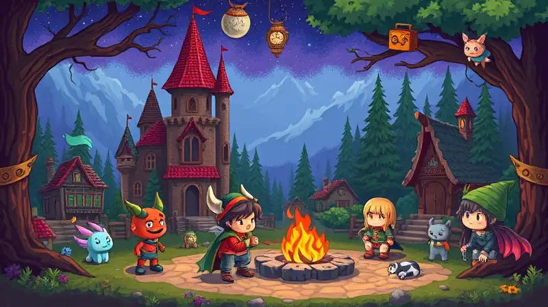 Personajes pixelados en bosque mágico medieval