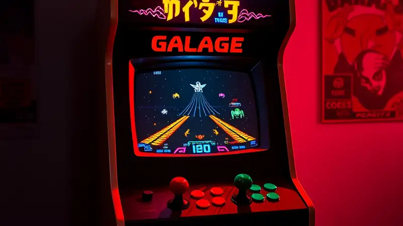 Máquina arcade vintage con juego Galaga