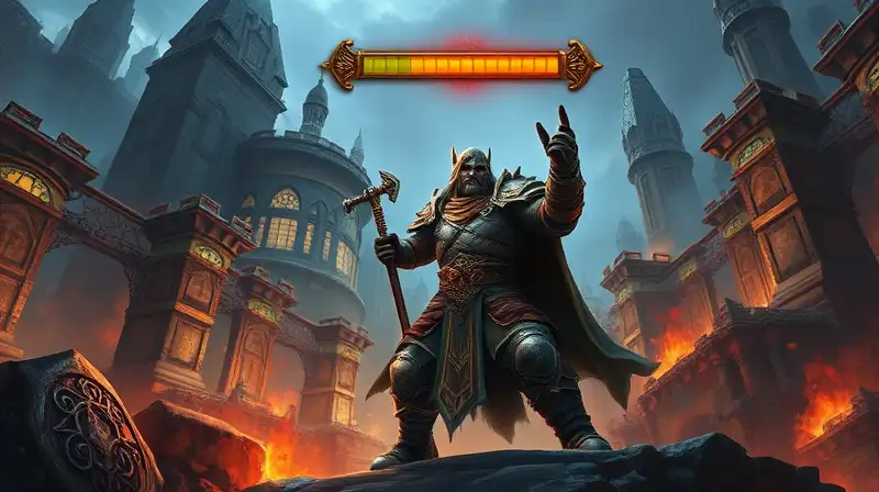 Guerrero épico en ruinas mágicas MMORPG
